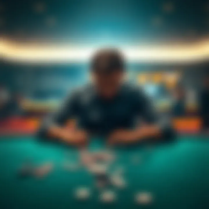 A man sitting alone at a gambling table, looking defeated and worried, with empty chips scattered around him.