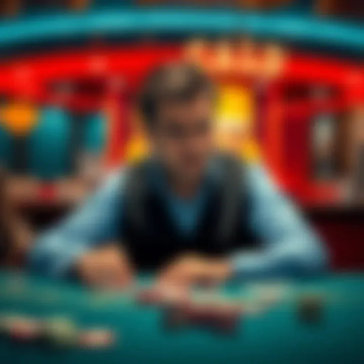 A person with a nervous expression contemplates placing a bet at a gambling table, surrounded by chips and cards.