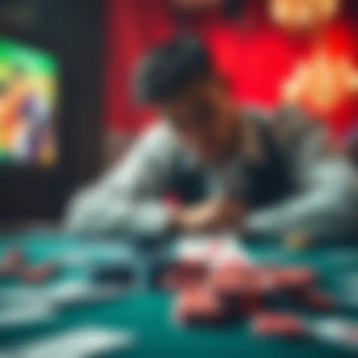 A person sits at a table with scattered poker chips and cards, looking thoughtful and remorseful, symbolizing their struggle with gambling addiction.