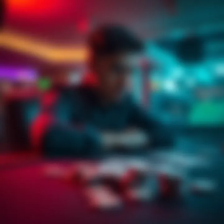 Gambler Reflecting on Loss A person sitting at a gambling table looking thoughtful after a loss, with cards and chips scattered in front of them.