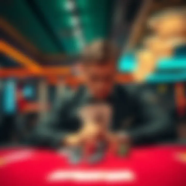 Gambler weighing options A gambler at a casino table contemplating whether to cash out or continue betting, with chips and cards in front.