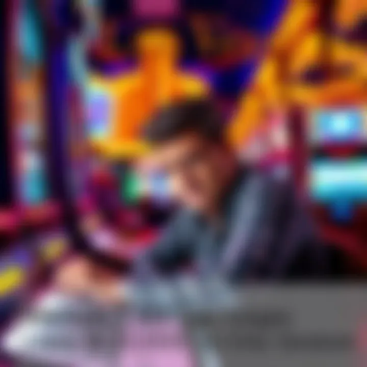 A frustrated gambler sitting at a slot machine with a defeated expression after losing money, surrounded by flashing lights and casino decor