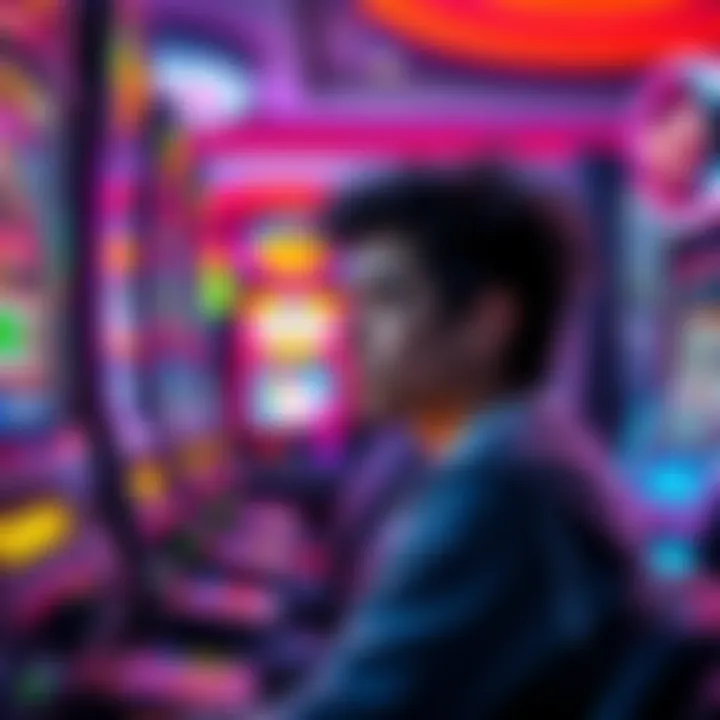 A young person looks distressed while sitting at a casino slot machine, surrounded by colorful lights and noise, reflecting on recent gambling losses.