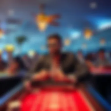 A confident gambler places a $1,000 bet at a beachfront casino, surrounded by gaming tables and excited onlookers.