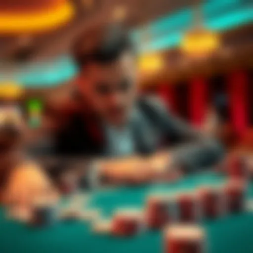 A skilled gambler focused on a casino table, surrounded by chips and cards, showcasing excitement and concentration.
