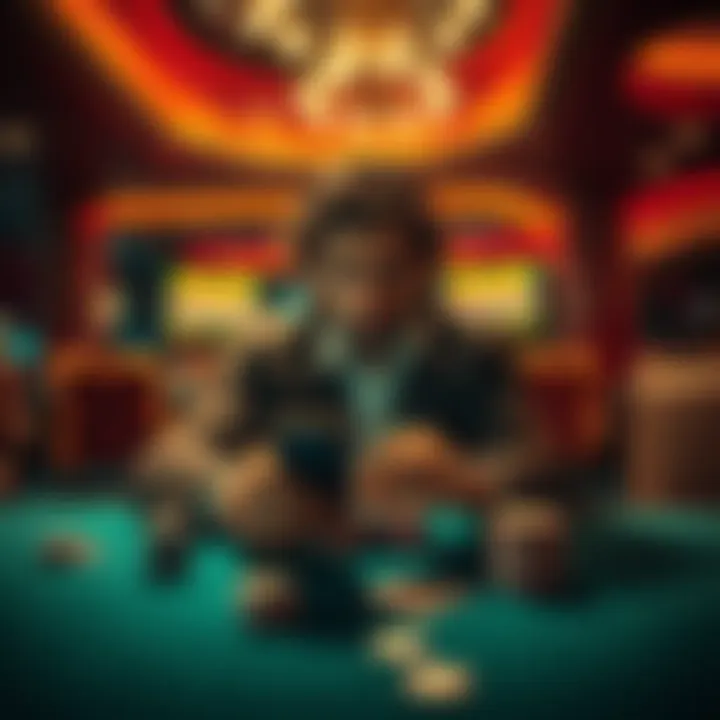 A gambler sitting at a casino table looking concerned about their cards and chips while holding a phone showing a withdrawal notice.