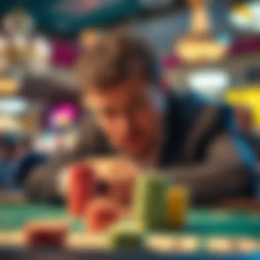 A gambler nervously watches the baccarat table as chips are stacked, showing excitement and tension after a big win in Vegas.