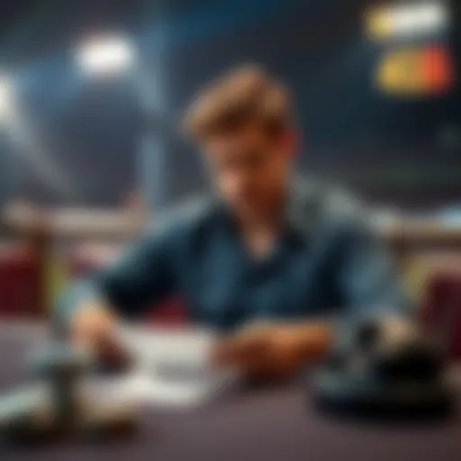 A focused gambler sitting at a table with a slip of paper, contemplating a bold bet on a game score with a football background.