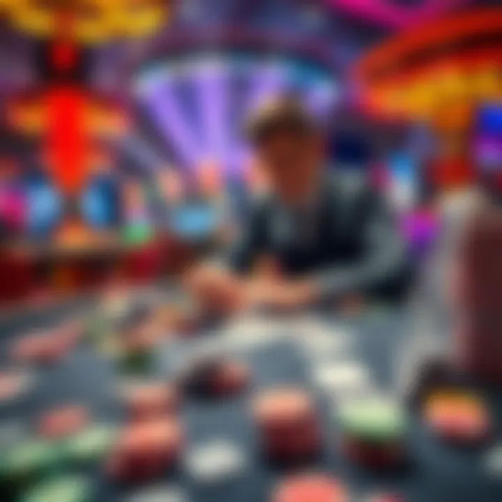 A person placing bets on a casino table surrounded by colorful gaming chips and cards