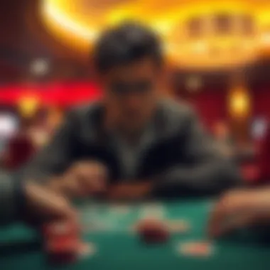 Gambler at a Betting Table A person contemplating their next move at a betting table, weighing options to cash out or continue playing, with chips and cards in front.