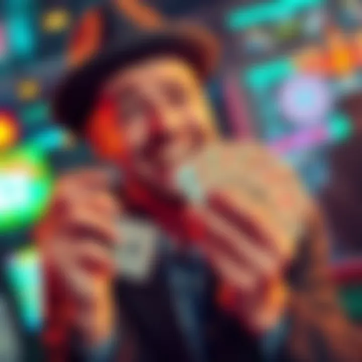 A happy gambler holding cash with a worried expression about taxes on winnings from a gambling site