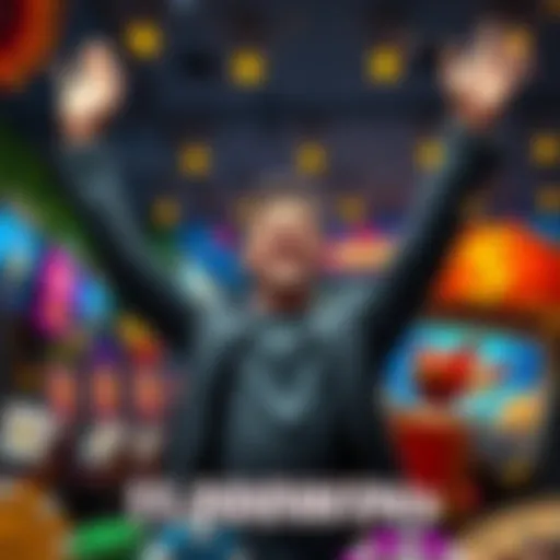 A cheerful gambler throwing their arms up in joy after winning an 11,000x bonus in a game, surrounded by colorful casino elements.