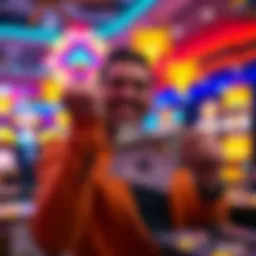 A smiling gambler holding cash and a winning ticket, surrounded by colorful casino lights