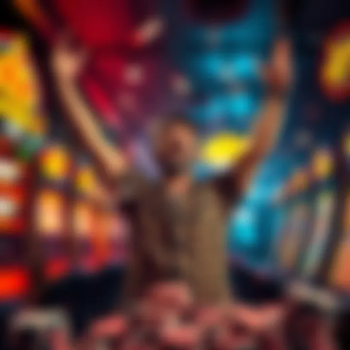 A person excitedly celebrating a huge gambling win with hands raised, surrounded by casino chips and slot machine, showing the thrill of unexpected success.