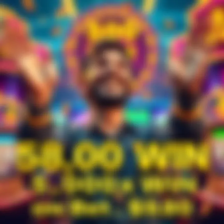 A smiling gambler raises hands in celebration after winning a significant amount from a small bet, surrounded by colorful gaming graphics.