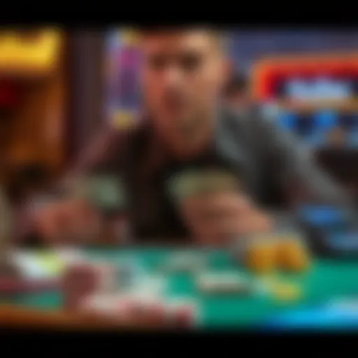 A person sitting at a table, counting cash while looking conflicted. Nearby, a betting slip shows a higher potential win. Stress is visible on their face, reflecting their dilemma about gambling choic...