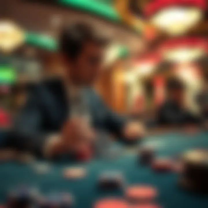 A gambler at a casino table focused on betting strategies, with chips stacked in front and a look of concentration on their face.