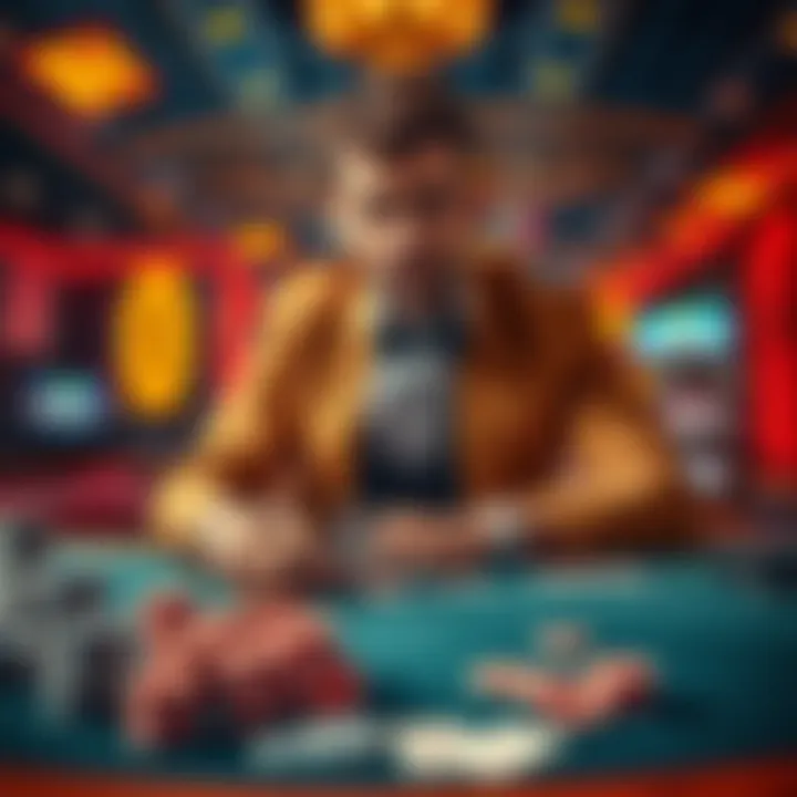 A bold gambler confidently places bets at a vibrant casino table surrounded by colorful chips and cards.