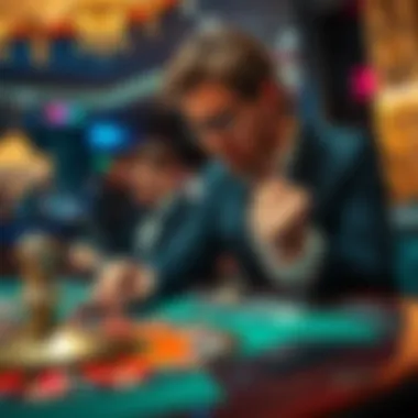 A focused gambler at a roulette and baccarat table, contemplating their next move with chips in hand.