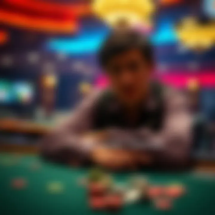 A gambler looks worried at a casino table after a recent losing streak, with chips scattered on the table and a blank expression.
