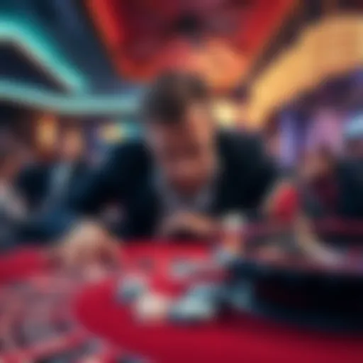 A person looking distressed at a casino table with roulette and blackjack chips scattered around, reflecting a losing streak.