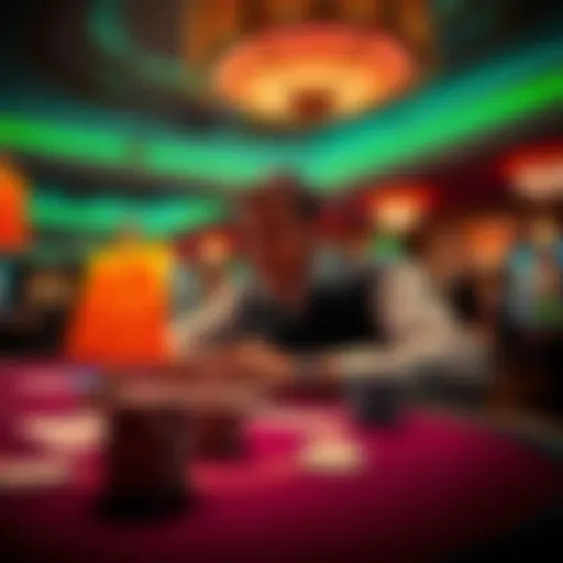 A gambler at a casino table, looking at cards with focused determination, surrounded by chips and a glowing rewards program sign.