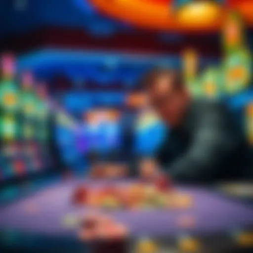 A person anxiously watching chips pile up at a casino table, surrounded by colorful slot machines and bright lights, reflecting the excitement and tension of gambling.