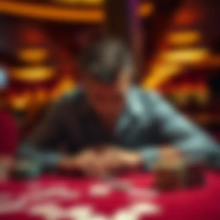 A gambler looks distressed at a casino table surrounded by chips and cards, reflecting on a hefty loss during Thanksgiving.