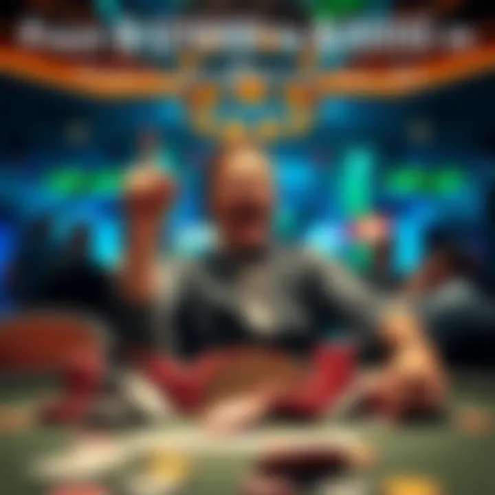 A gambler celebrates a big win at a casino table surrounded by chips and cards, showing excitement and pride.