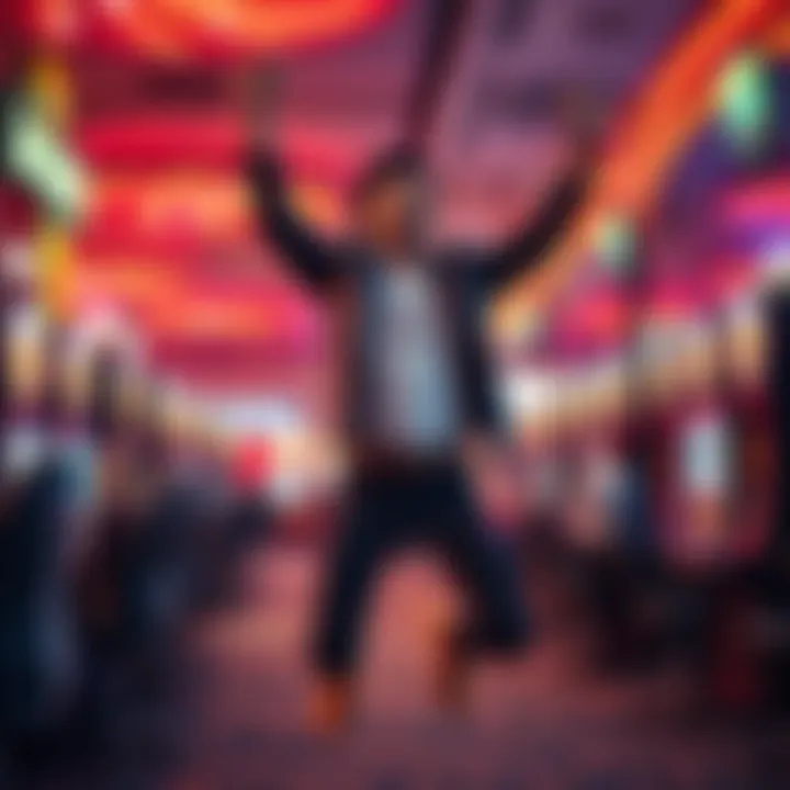 A thrilled gambler jumps for joy after winning a multi-leg bet at a gaming venue