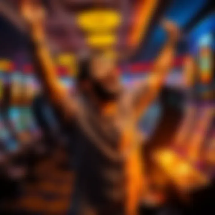 A gambler joyfully celebrating after winning $14,000 from a $100 bet, surrounded by slot machines and dice on a casino floor.