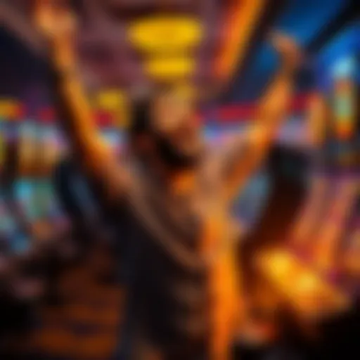 Gambler celebrating big win A gambler joyfully celebrating after winning $14,000 from a $100 bet, surrounded by slot machines and dice on a casino floor.