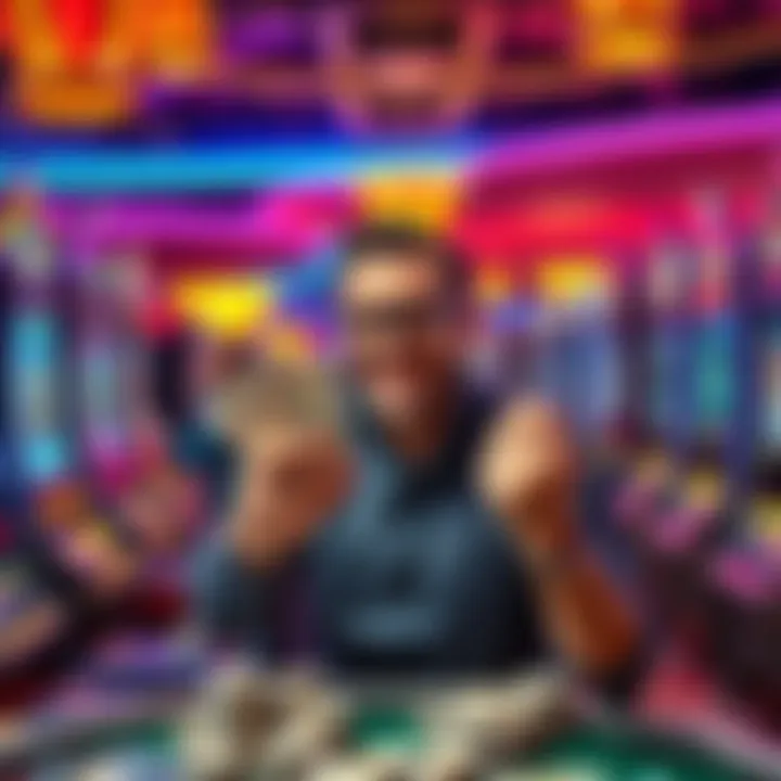 A smiling gambler counts cash in a casino, surrounded by colorful slot machines and gaming tables