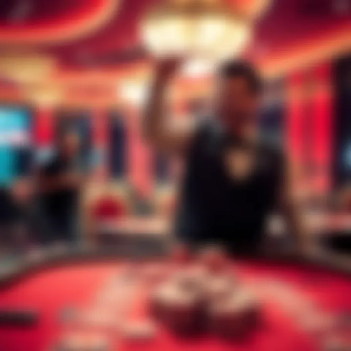 Gambler Celebrating After a Win A cheerful gambler stands at a casino table with chips in hand, celebrating a big win, while a worried figure watches in the background, symbolizing the highs and lows of gambling.