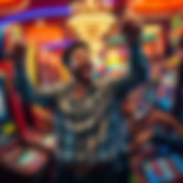 Gambler Celebrating a Win A local gambler joyfully celebrating a win at the casino, surrounded by colorful slot machines and friends.
