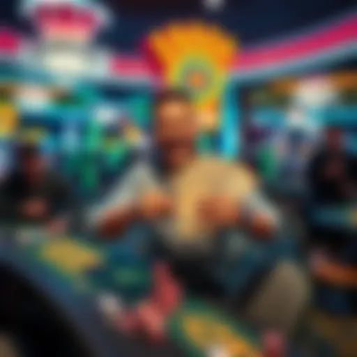 A happy gambler holding cash at a craps table in Tropicana casino, surrounded by fellow players and colorful chips.