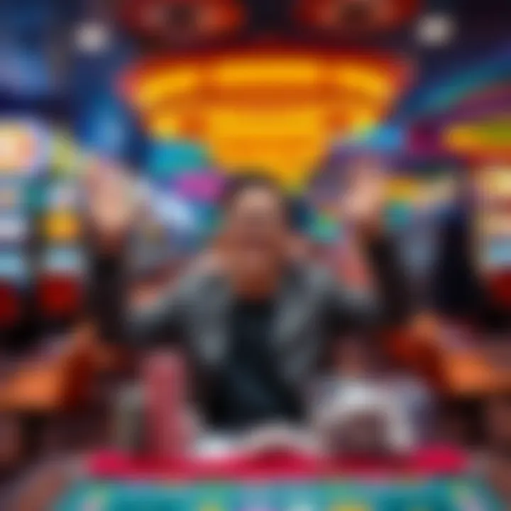 A person smiles and raises their hands in joy at a gaming table in a casino, with colorful slot machines in the background