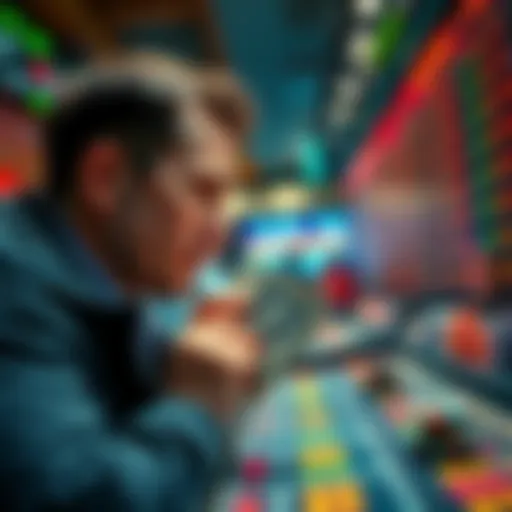 A focused gambler looking at a betting board with cash in hand, considering how to grow a small amount into a large sum.