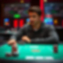 A person sitting at a gambling table, looking thoughtful while reviewing their options between strategy and gut instinct.
