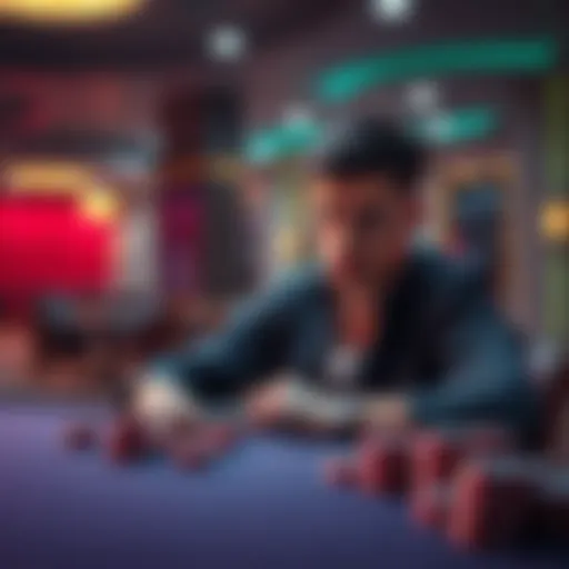 A person sitting at a table with empty poker chips and a worried expression, reflecting on gambling losses