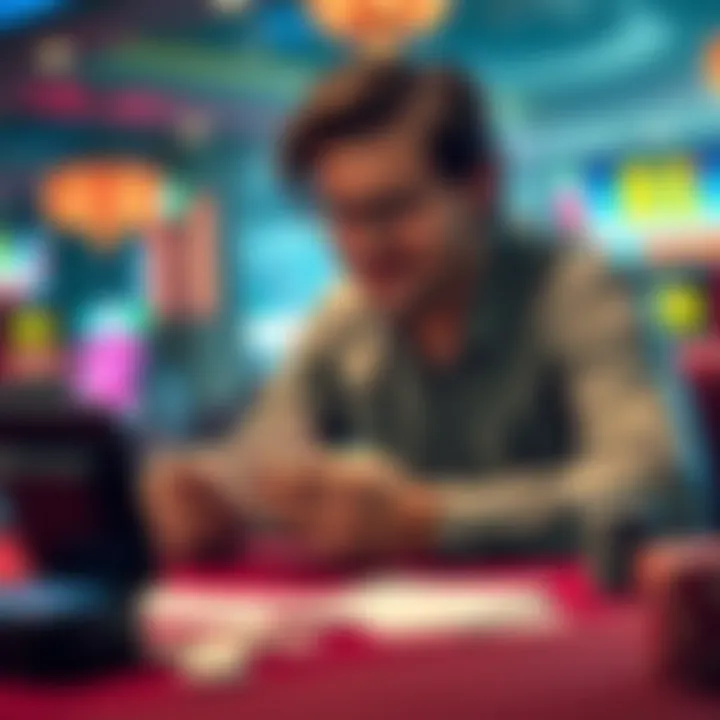 A gambler sitting at a table counting cash after a gaming session, looking pleased with their earnings and making notes of wins and losses.