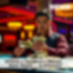 A gambler counting a stack of cash with a thoughtful expression, contemplating their next move in a casino setting.
