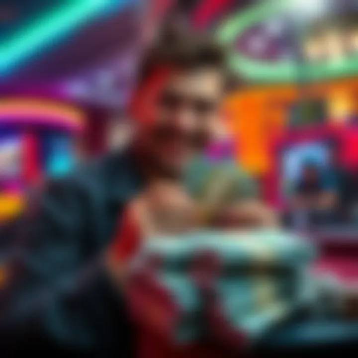 A gambler joyfully counts stacks of cash in a casino setting, representing a successful theft of $9,000.