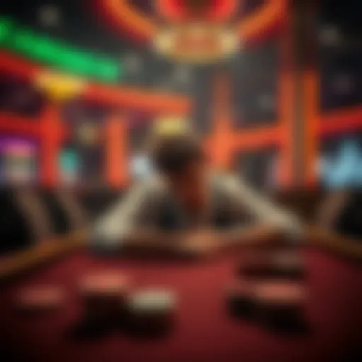 A distressed person sits at a gaming table with empty chip trays after losing money in a crypto casino.