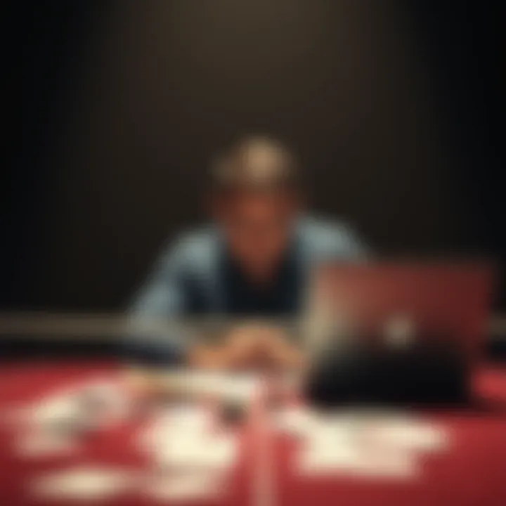 A stressed gambler sitting at a table with a laptop, papers scattered, showing signs of distress after losing a bet.