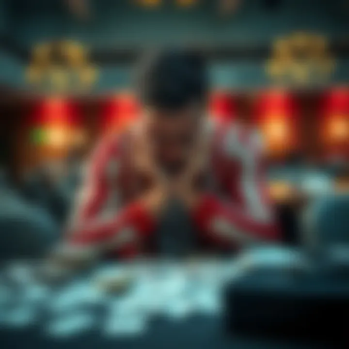 Gambler sitting with head in hands A frustrated gambler sitting at a table with betting slips scattered around, looking defeated after losing money on Rayo Vallecano and Europa League bets.