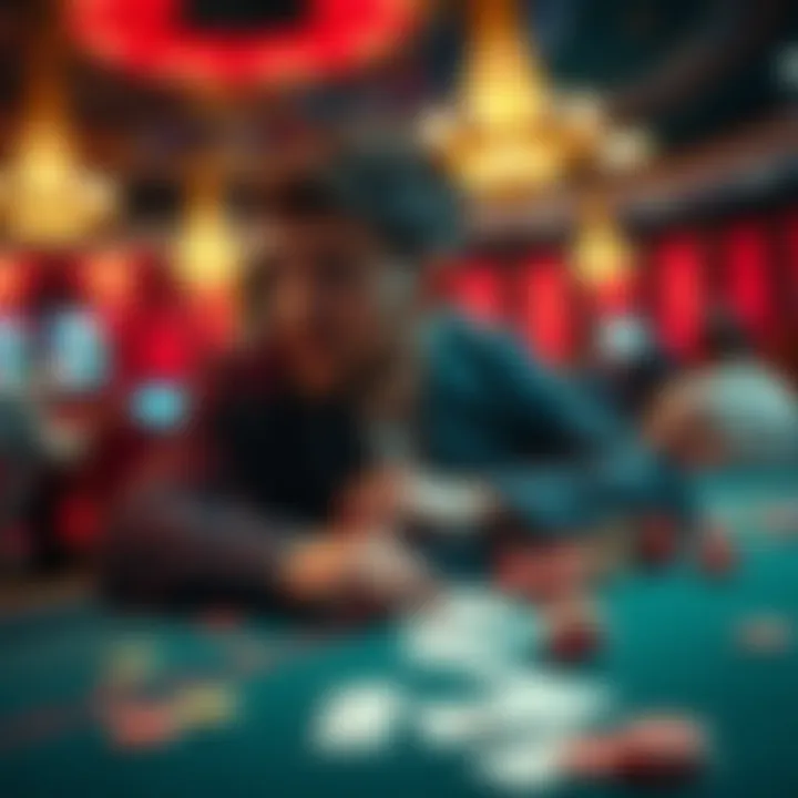 High-stakes gambler showing frustration while sitting at a casino table with cards and chips scattered around