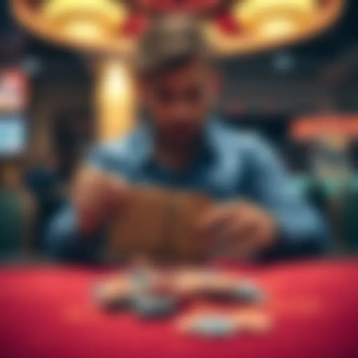 A person sitting at a casino table looking distressed, holding an empty wallet, with chips scattered around them.