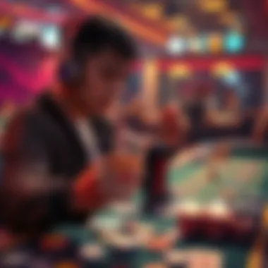 A person placing bets while listening to music and sipping an energy drink, surrounded by gambling items like cards and chips.