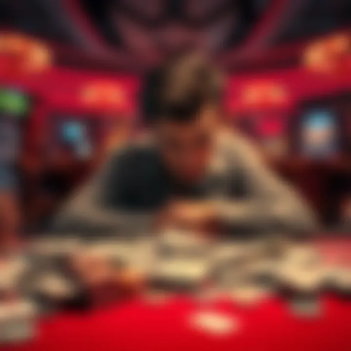 A distressed gambler sitting at a table covered in bills, looking overwhelmed and sad after losing money from excessive betting.